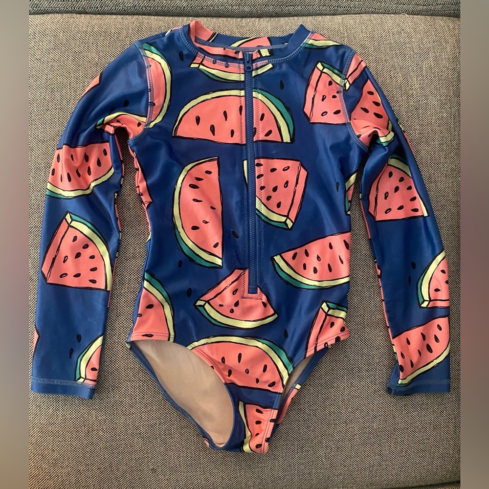 Girls 7 Tea Collection Watermelon Print Swimsuit - Blue and Pink